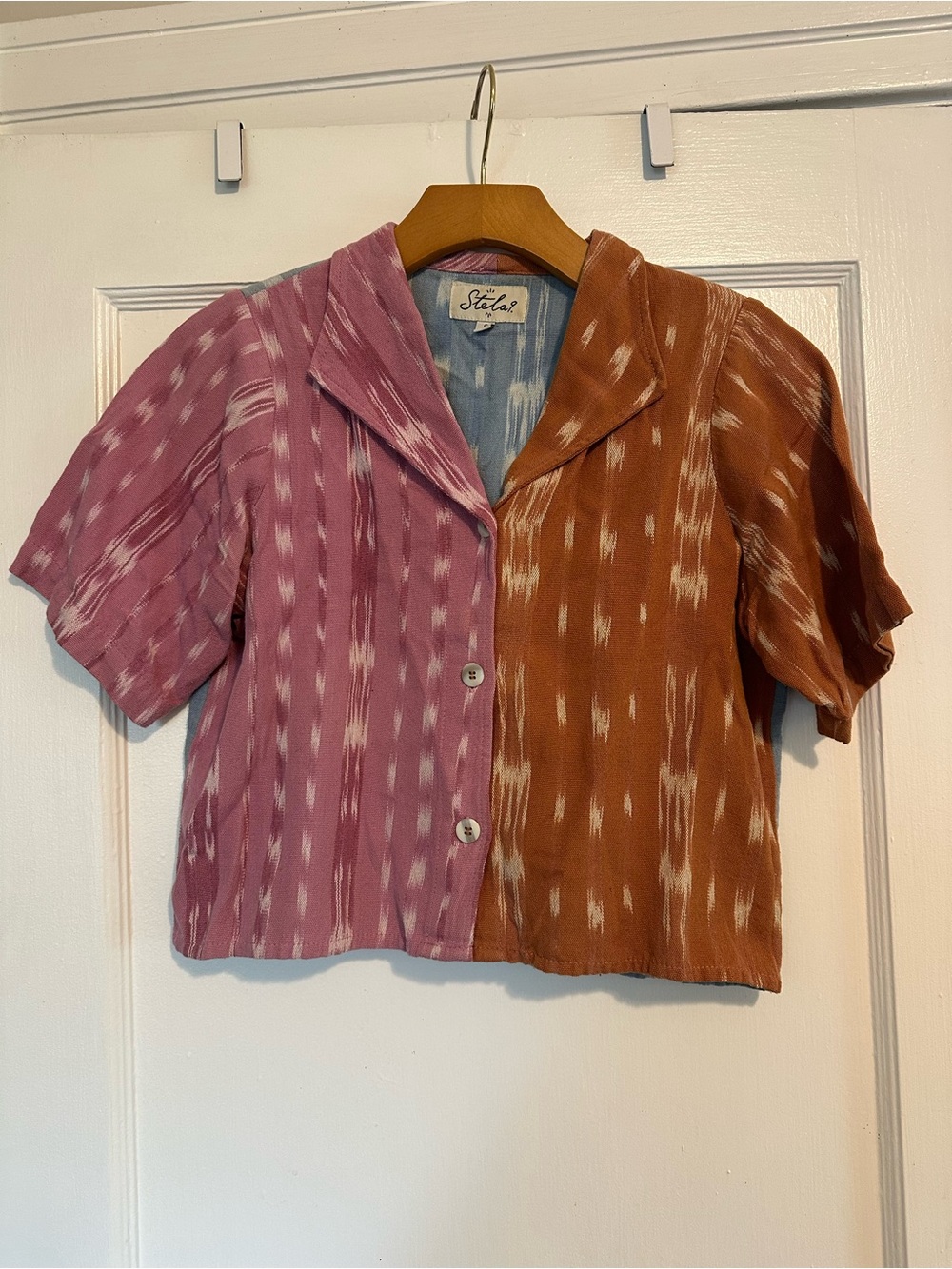 Stela 9 Artisan Cropped Button Front Top - Pink, Brown & Blue